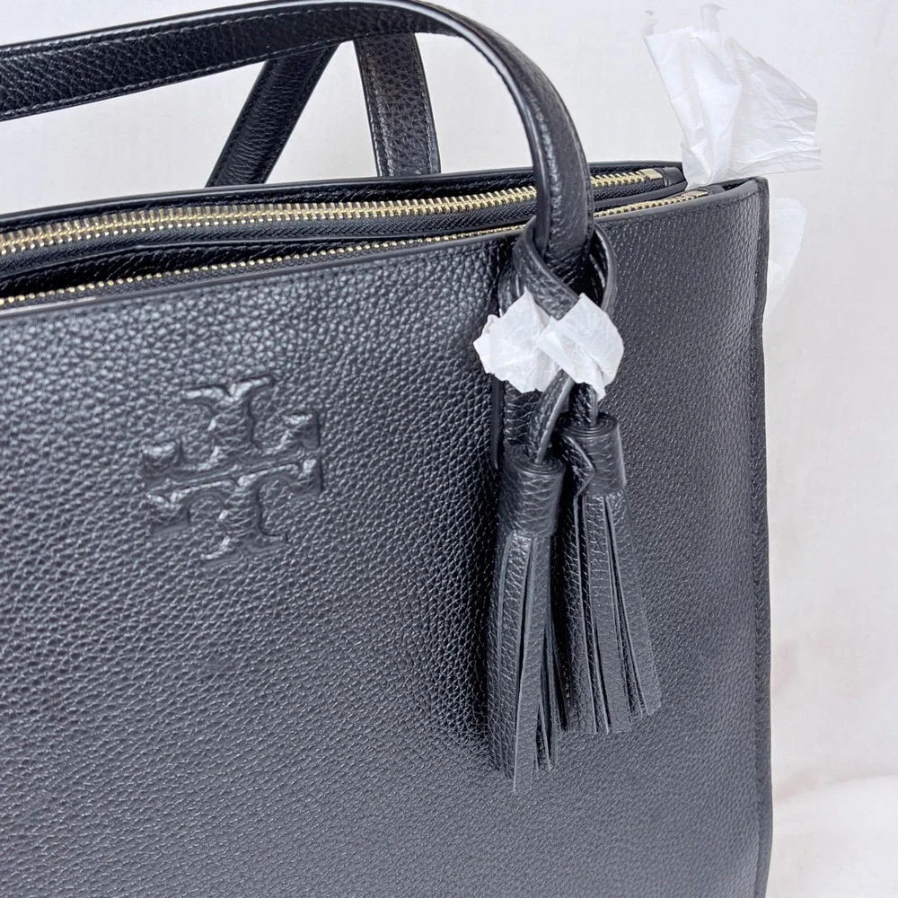 Tory Burch Thea Leather Tote Black Pebbled Leather 3 Compartment Bag Auth. NEW
